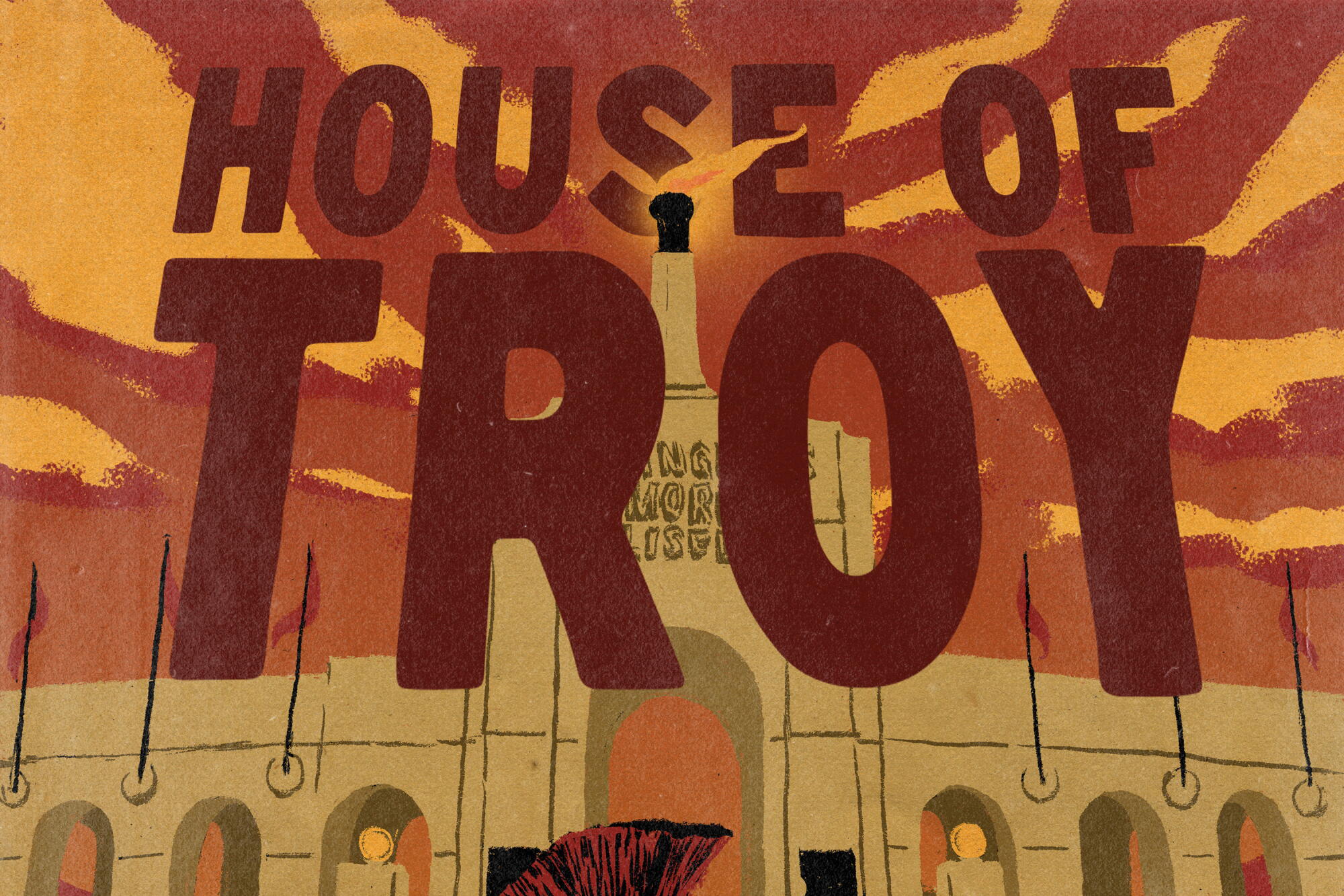 A helmet sits in front of the Coliseum in an illustration promoting the new podcast "House of Troy."