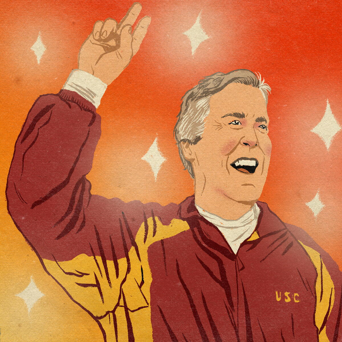 An illustration of then-USC coach Pete Carroll cheering.