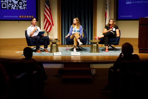 San Diego, California - Mark Kersey, CEO of San Diego County Taxpayers Association, and Courtney Baltiyskyy, Director of Children First SD, right, speak at a forum on Measure B during Politifest, hosted by nonprofit news organization Voice of San Diego, at University of San Diego on Saturday, Oct. 3, 2026. (Kristian Carreon / The San Diego Union-Tribune)