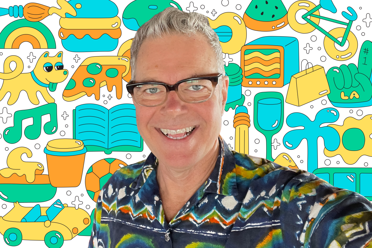 Photo of a person on a background of colorful illustrations like a book, dog, pizza, TV, shopping bag, and more
