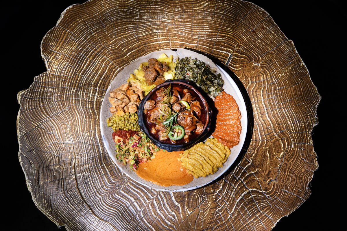 The vegan combo platter with rib-eye tibs at Aunt Yvette's Kitchen in Eagle Rock
