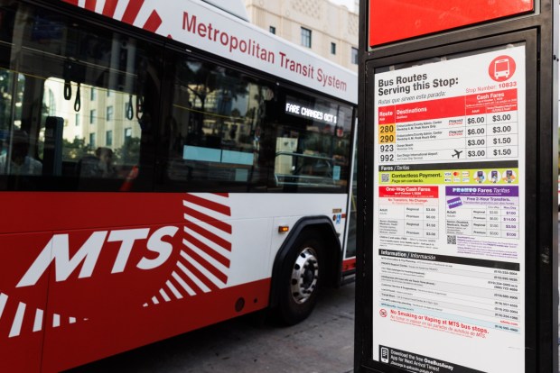 New fare rates are posted at a bus stop by the Santa Fe Depot in downtown San Diego on Thursday, Oct. 1, 2026. (Kristian Carreon / The San Diego Union-Tribune)