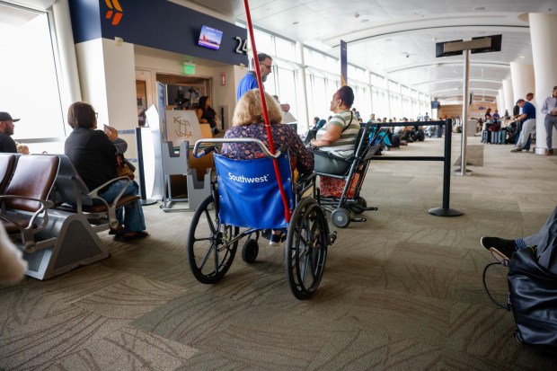People in wheelchairs wait to board a plane at San Jose Mineta International Airport in San Jose, Calif., on Thursday, Sept. 17, 2026. (Shae Hammond/Bay Area News Group)