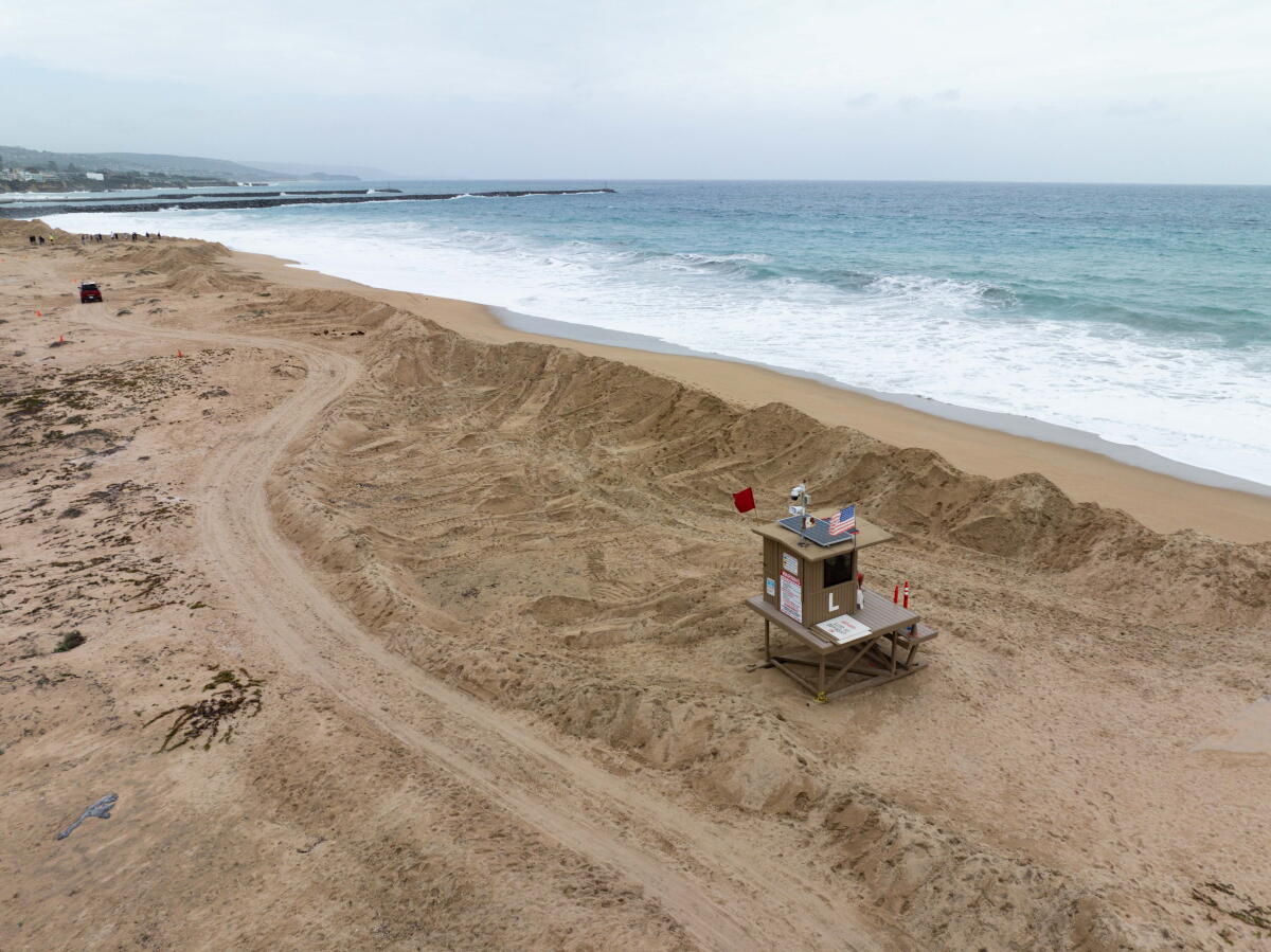A drone photograph of the sand berms along the beach at Balboa Peninsula.