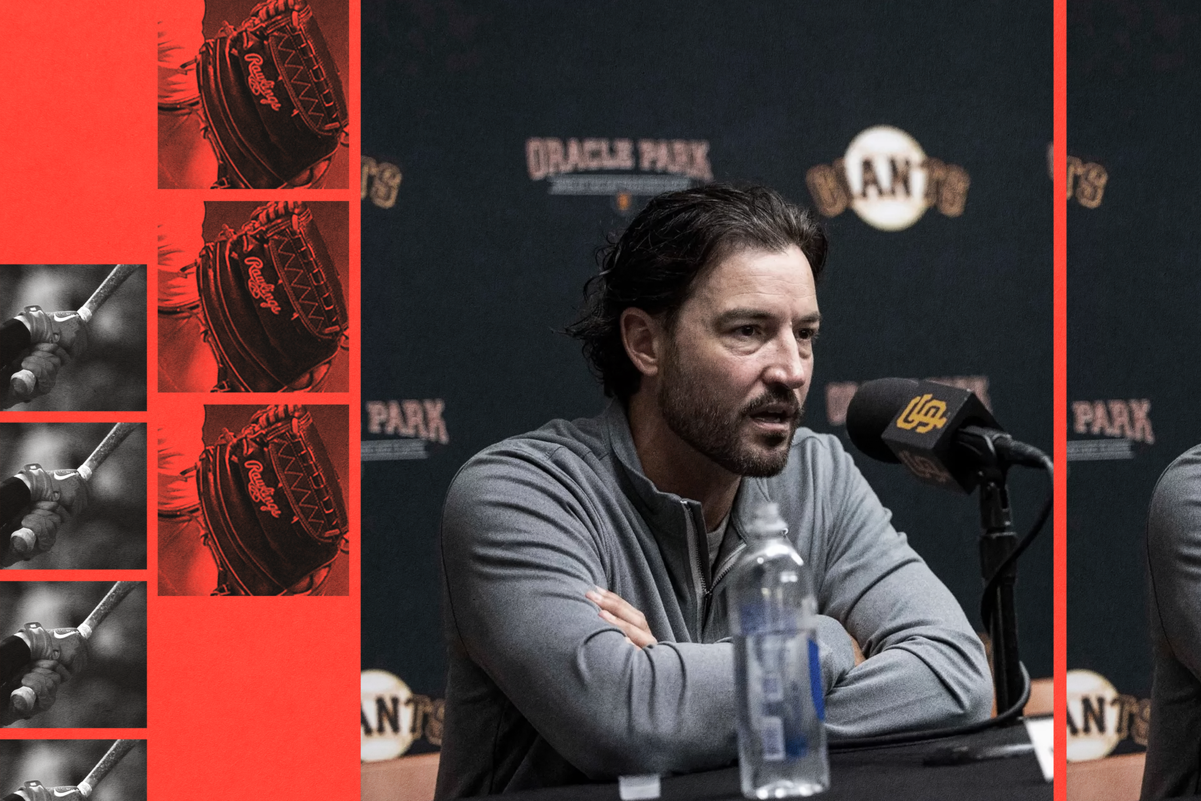 A man with dark hair and a beard speaks at a press conference, seated behind a table with a microphone and water bottle, with "Giants" and "Oracle Park" logos behind him.
