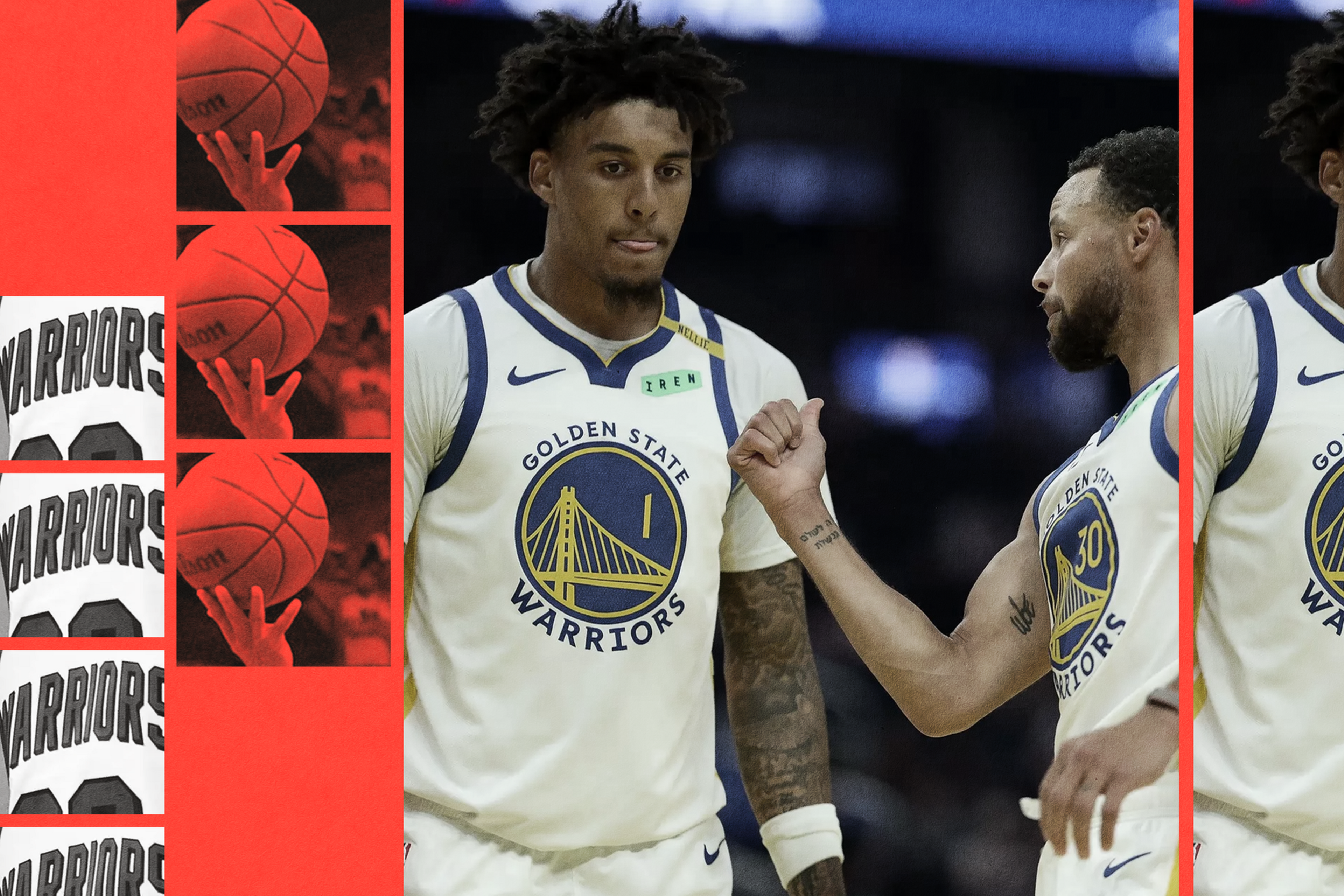 Two Golden State Warriors players, one with the ball and the other fist-bumping, stand on the court in white team jerseys during a game.