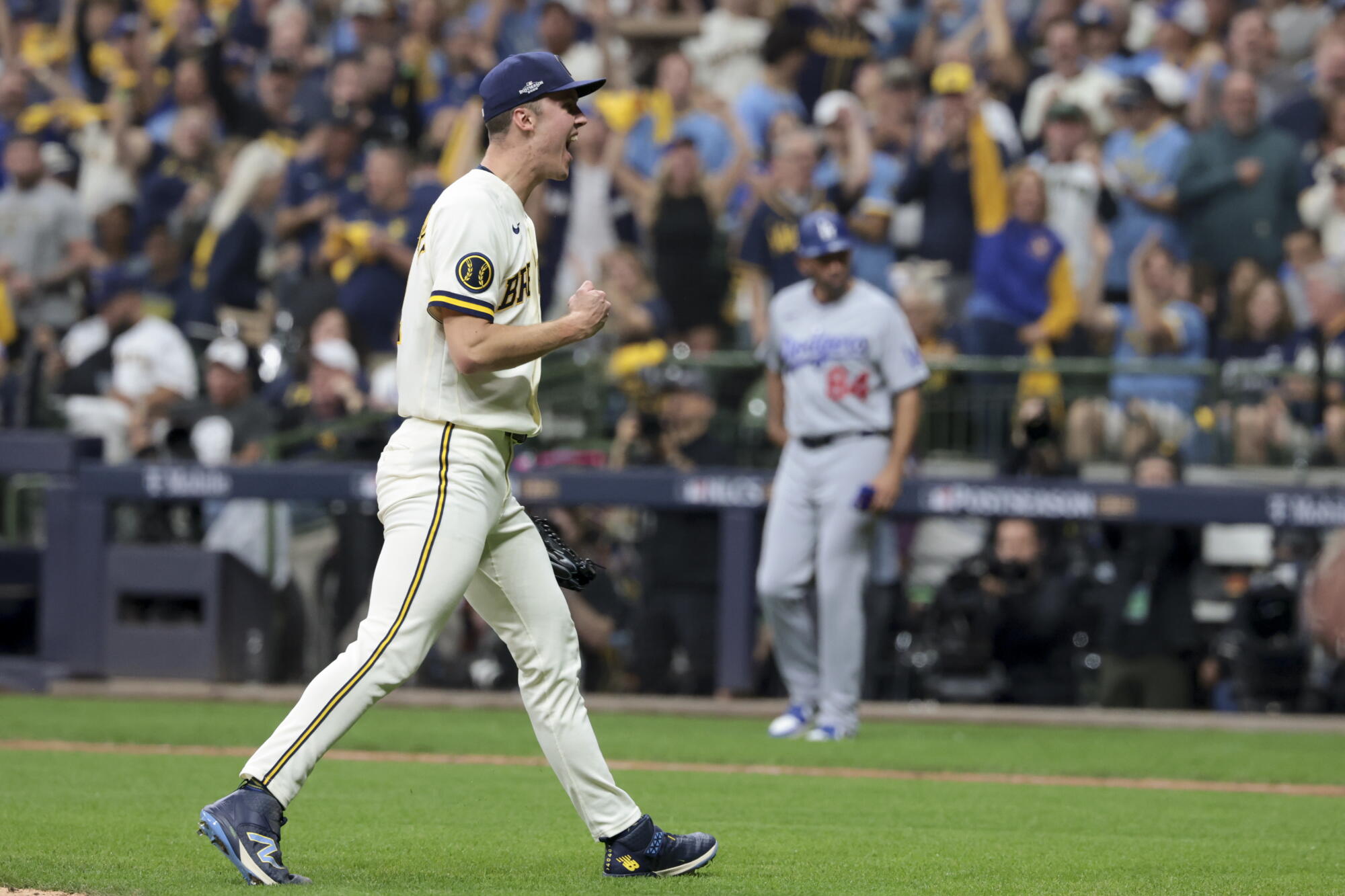 Milwaukee Brewers pitcher Jacob Misiorowski celebrates after striking out Kyle Tucker.