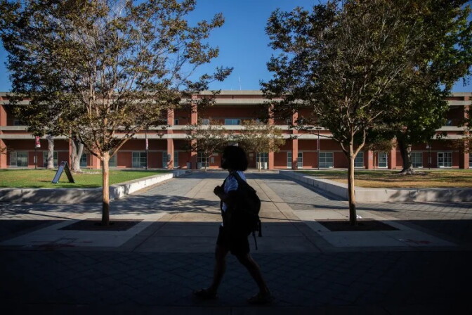 A student walks down a corridor of a campus with trees and a building in the background.