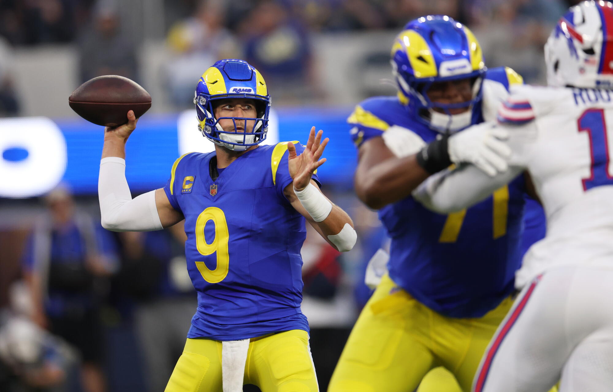 Rams quarterback Matthew Stafford passes during the first half against the Bills on Monday.