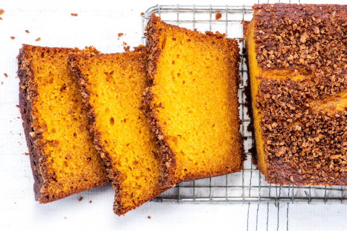 Roasted pumpkin makes for the perfect loaf cakes, topped with spiced bread crumbs for fall flavor and crunch
