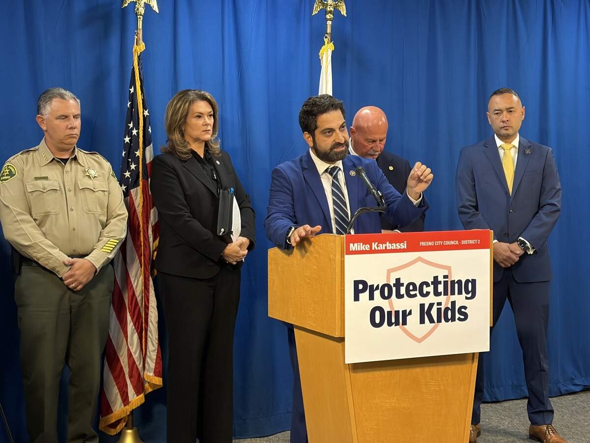 Fresno City Councilman Mike Karbassi held a press conference alongside Fresno County District Attorney Lisa Smittcamp, Sheriff John Zanoni, Mayor Jerry Dyer, Fresno Police Chief Mindy Casto and City Attorney Andrew Janz to announce the introduction of the “SHIELD” Act on October 13, 2026 at City Hall.