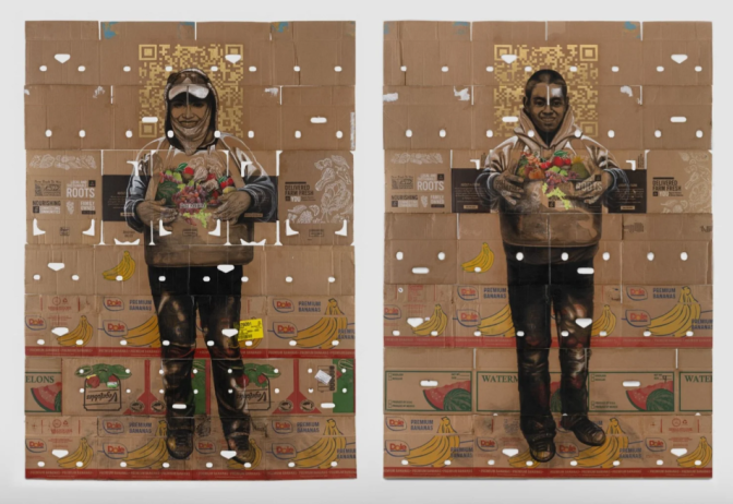 Two cardboard-collage portraits depict workers holding produce, set against banana and watermelon box branding with QR codes above.