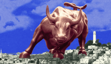 A giant bronze bull stands over a cityscape with tightly packed buildings, under a vibrant blue sky with scattered clouds.