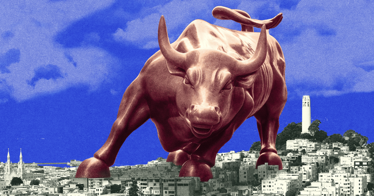 A giant bronze bull stands over a cityscape with tightly packed buildings, under a vibrant blue sky with scattered clouds.