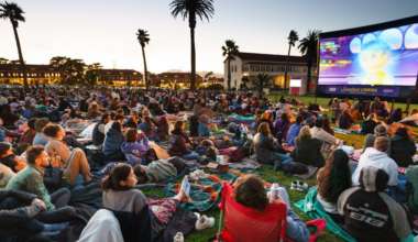A large crowd sits on blankets and chairs on grass, watching an animated movie at an outdoor cinema during sunset, with palm trees and buildings in the background.
