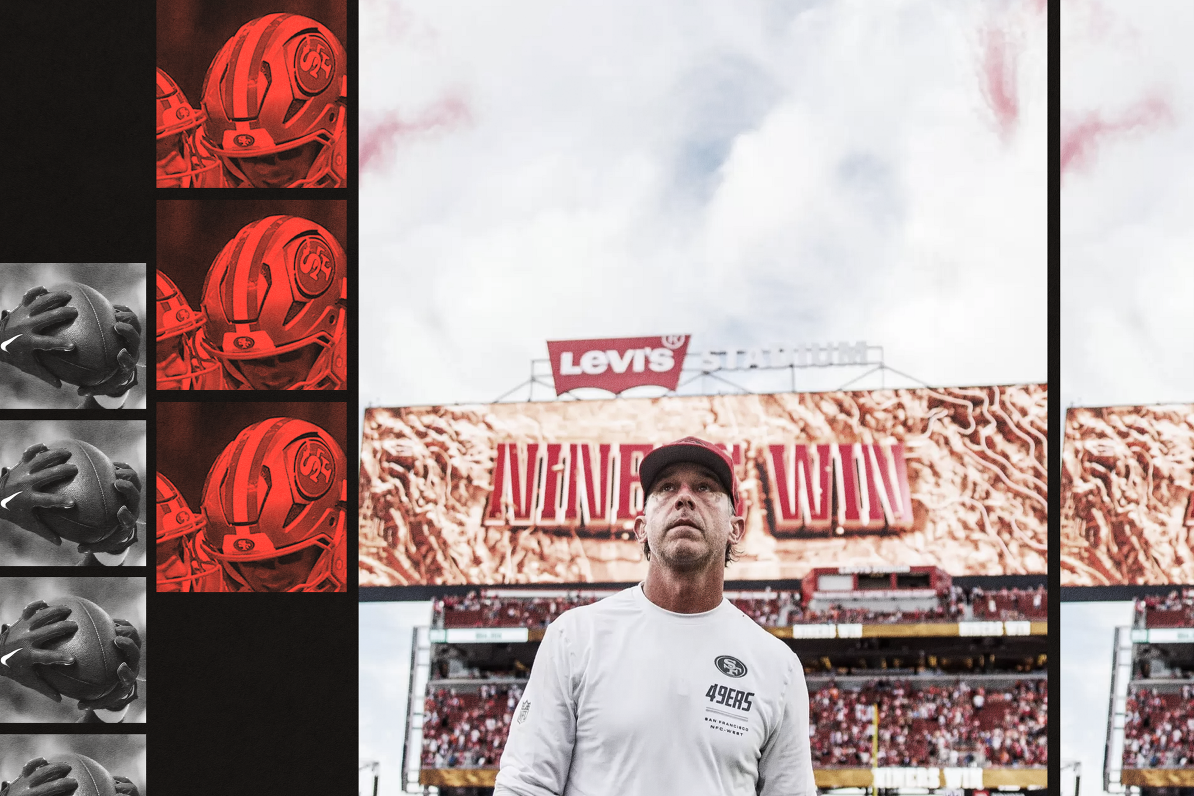 A man in white 49ers gear stands in front of Levi's Stadium, with "NINE TO WIN" displayed on the stadium screen behind him.
