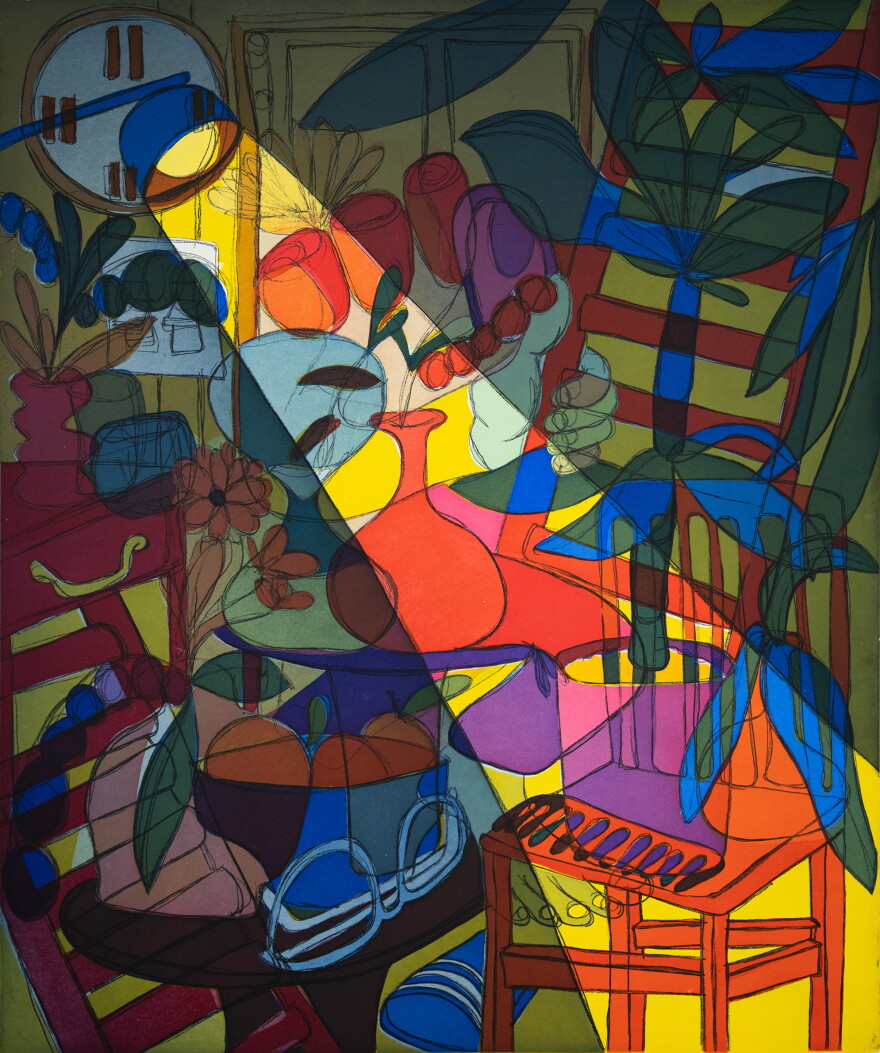 Woody De Othello, Steppin Through the Night, 2021, color soft ground etching with aquatint, 43.5 x 37 in., courtesy of Paulson Fontaine Press, Berkeley, Calif.