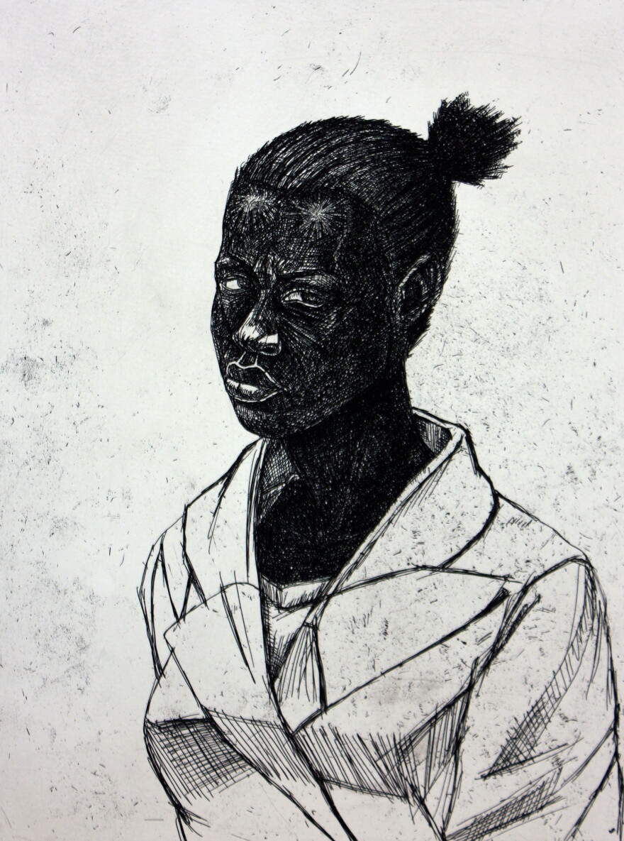Kerry James Marshall, Untitled (Woman), 2010, hard ground etching with aquatint, 24.5 x 19in., courtesy of Paulson Fontaine Press, Berkeley, CA