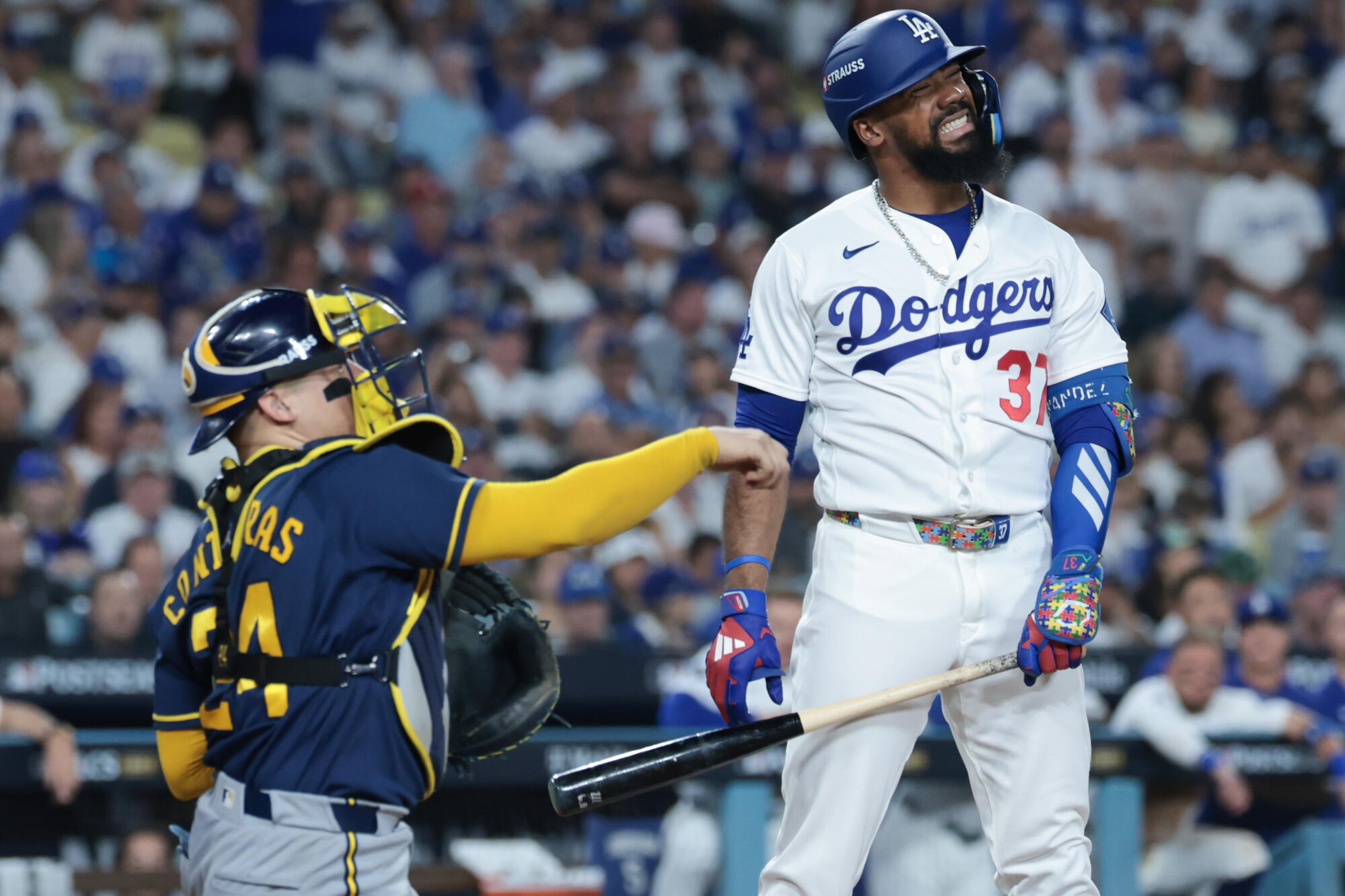 Dodgers left fielder Teoscar Hernández reacts after taking a strike in the sixth inning of Game 3.
