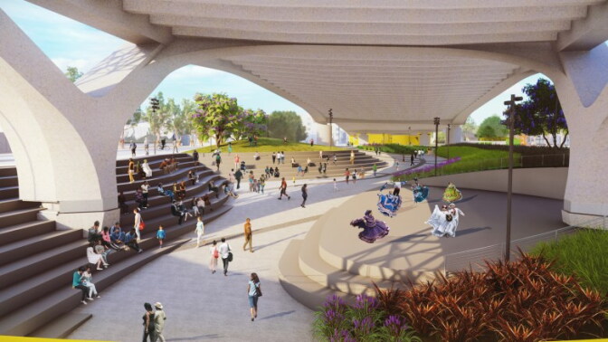 A digital rendering depicting people sitting at a seating area facing a small stage underneath a bridge.