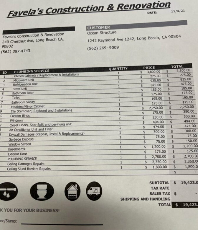 A construction and renovation invoice showing services, prices, and the total.