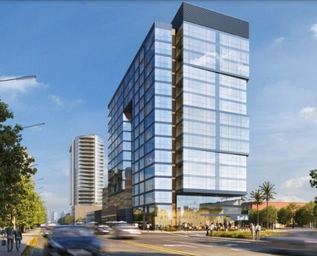 Gateway Tower, a 220-unit, 15-story affordable housing development at 470 South Market Street in downtown San Jose, concept. (DLR Group)