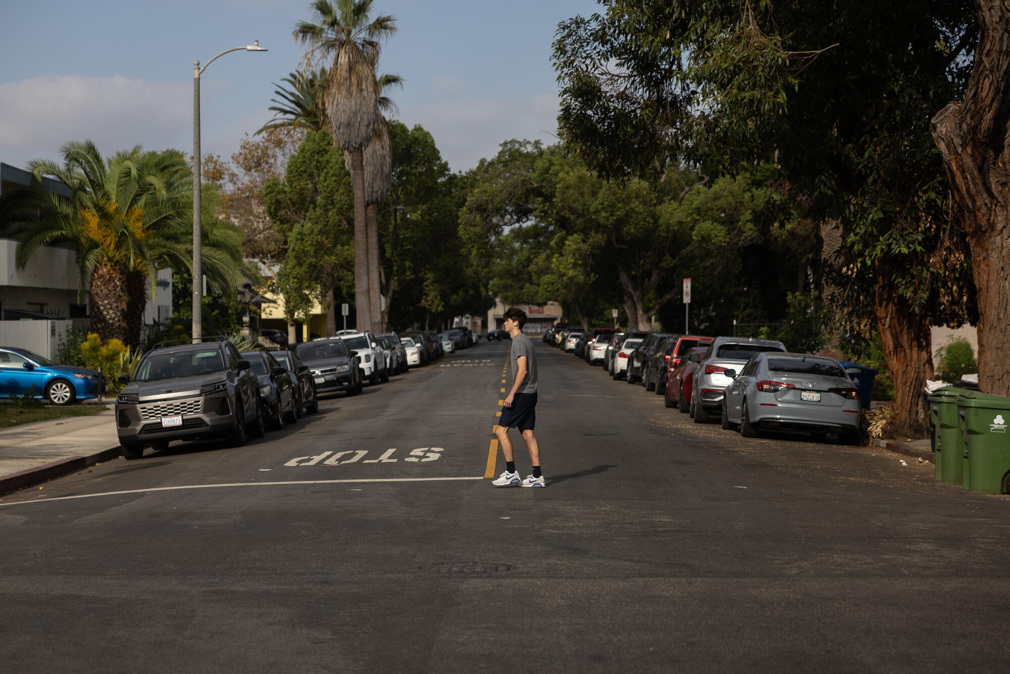 A pedestrian crosses a street