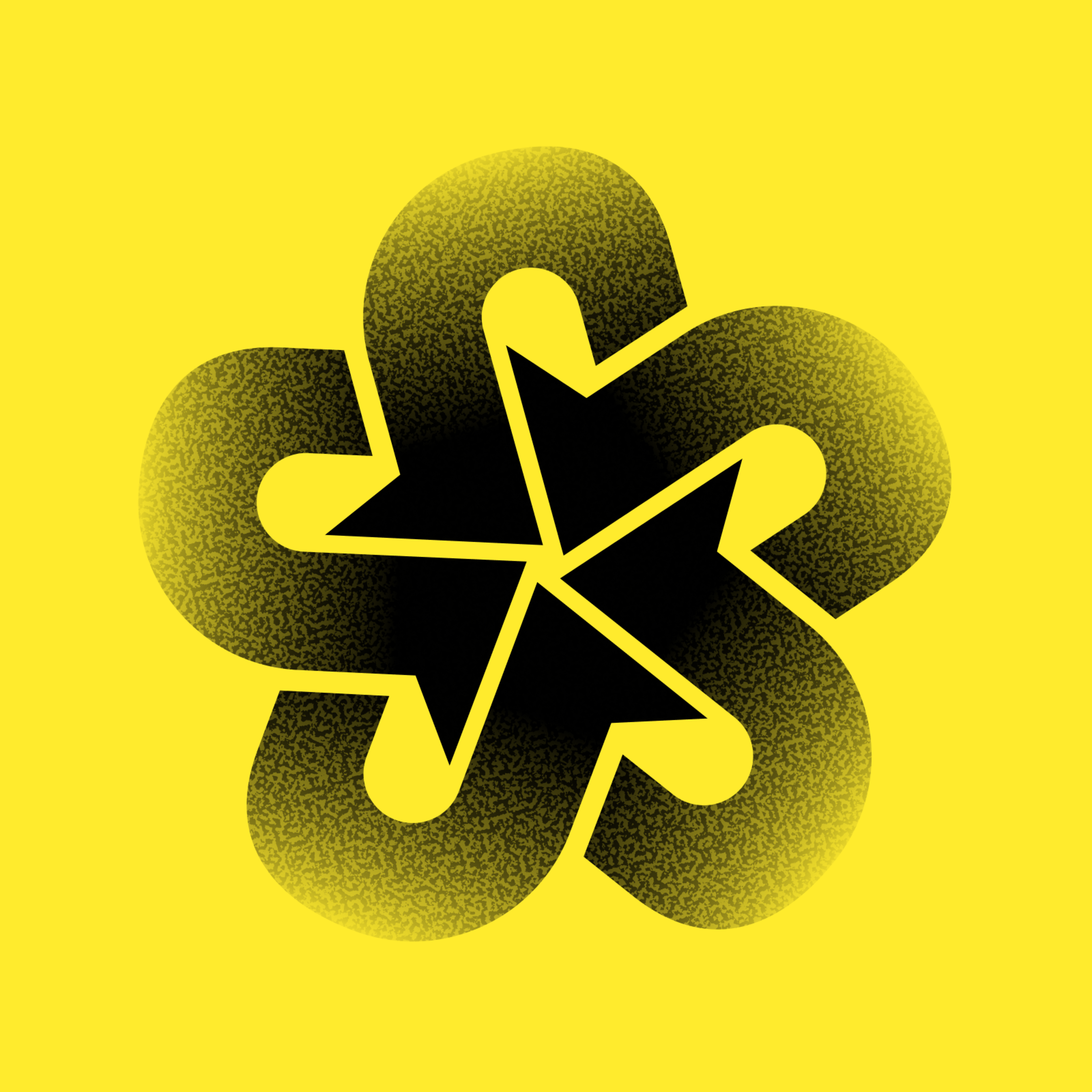 Five black arrows with rounded ends form a circular, rotating pattern on a bright yellow background, creating a star-like shape in the center.