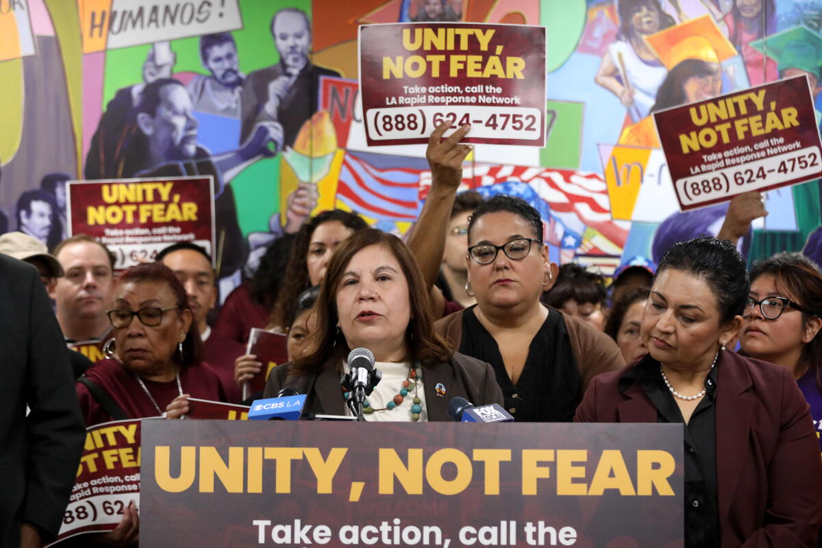 Angelica Salas, Executive Director, CHIRLA, speaks to the media, at a press conference.