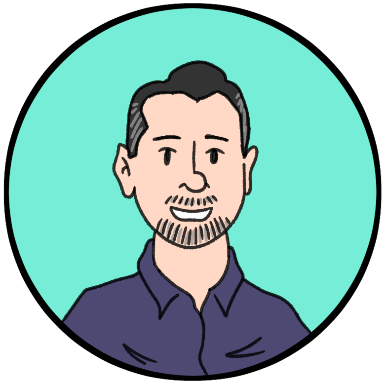 Illustration of a man with short dark hair and a goatee, wearing a dark shirt, against a light green background with green check marks.