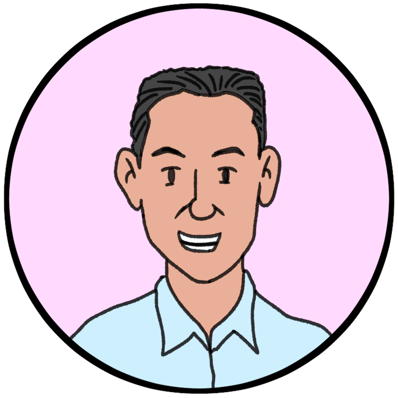 Illustration of a smiling man with short dark hair, wearing a light blue shirt, set against a green background with check marks.