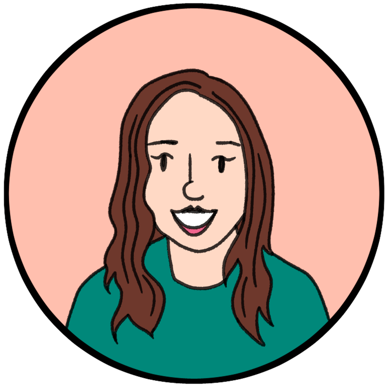 Illustration of a person with long brown hair smiling, set against a light green background with green check marks.