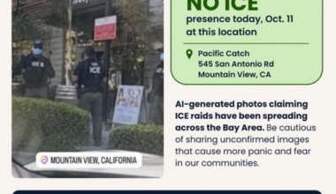 A large group of law enforcement officers wearing "ICE" and "Police" uniforms gather outside a modern office building on a sunny day.