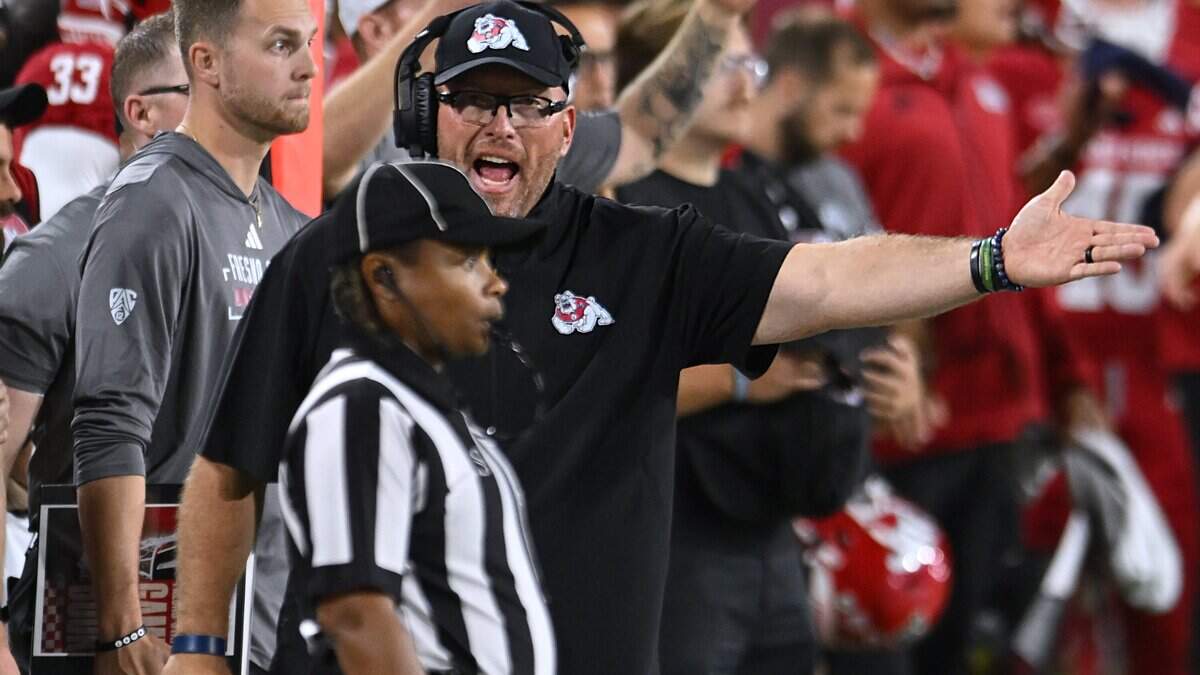 Fresno State head coach Matt Entz questions a call in the game against Boise State Saturday, Oct. 10, 2026 in Fresno.
