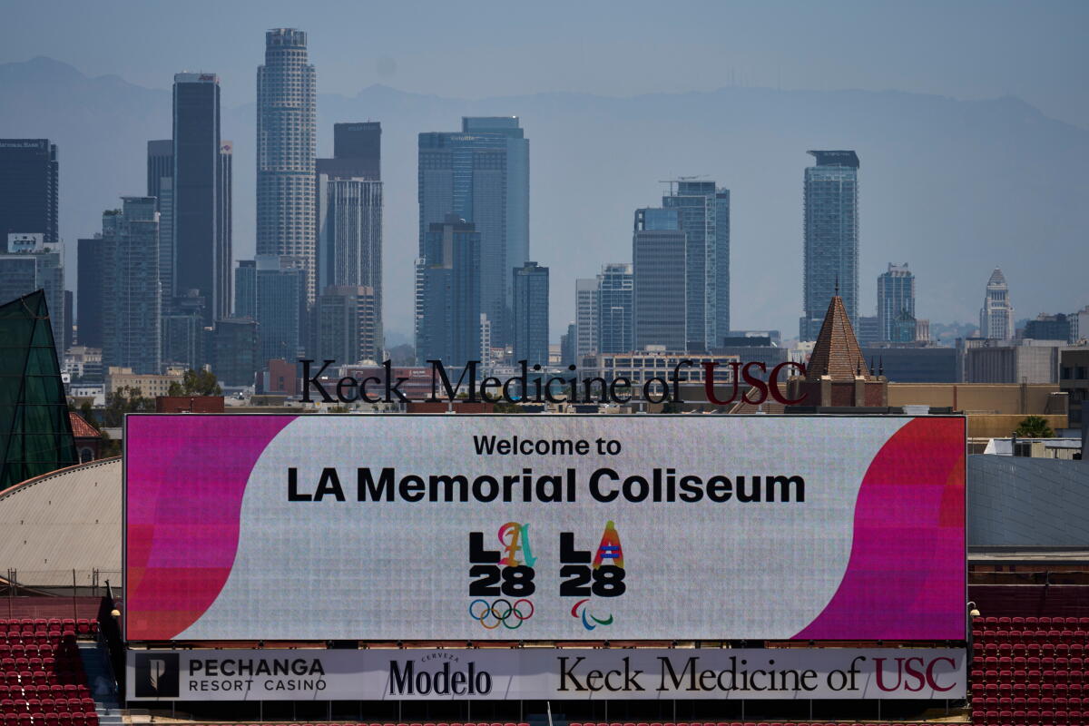 A view of the Los Angeles Memorial Coliseum, the venue for the track and field events at the LA28 Olympics