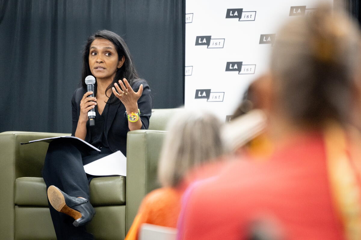 Mayoral candidate Nithya Raman attends an environmental forum