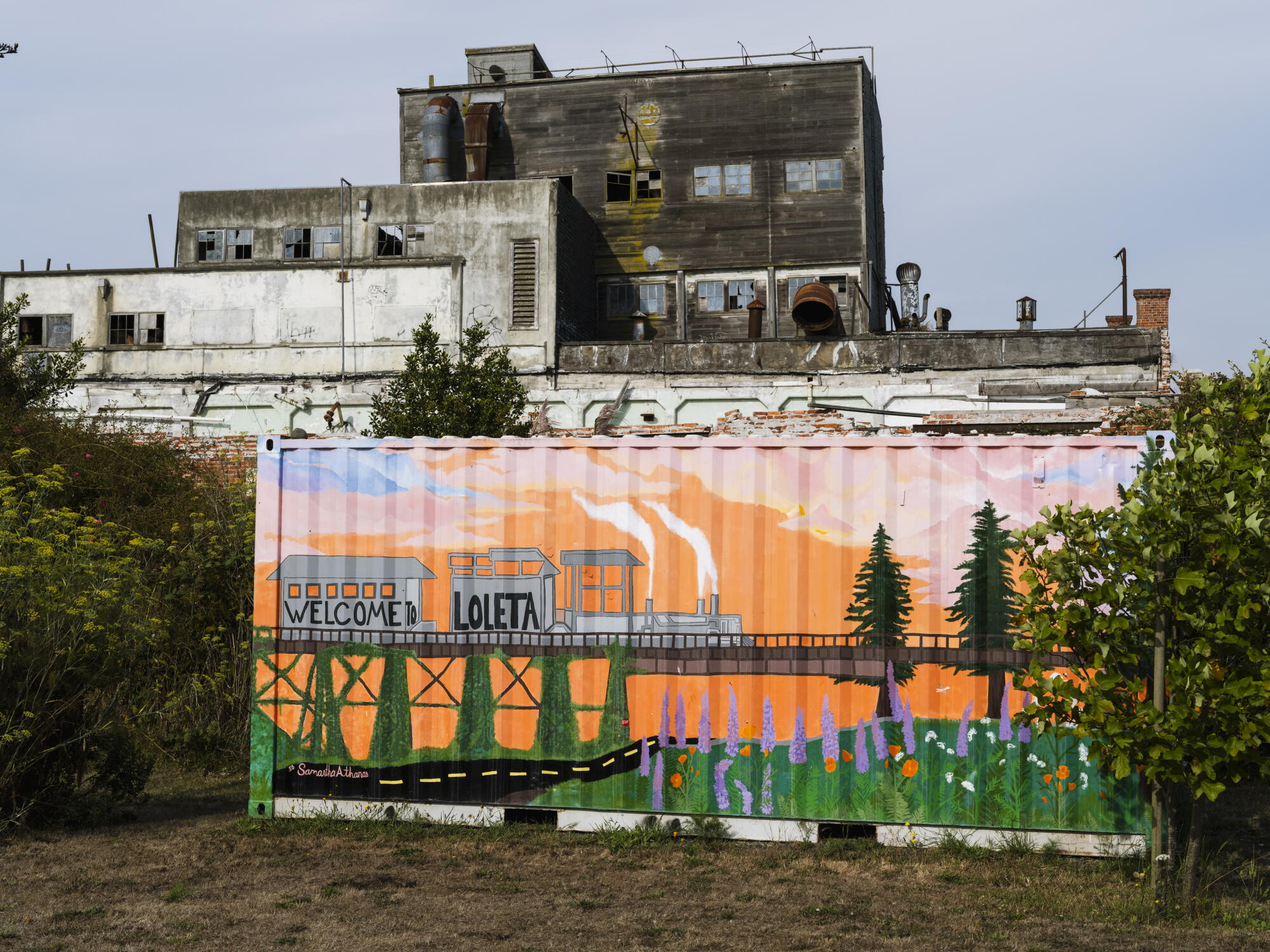 A mural of a train is painted on a shipping container.