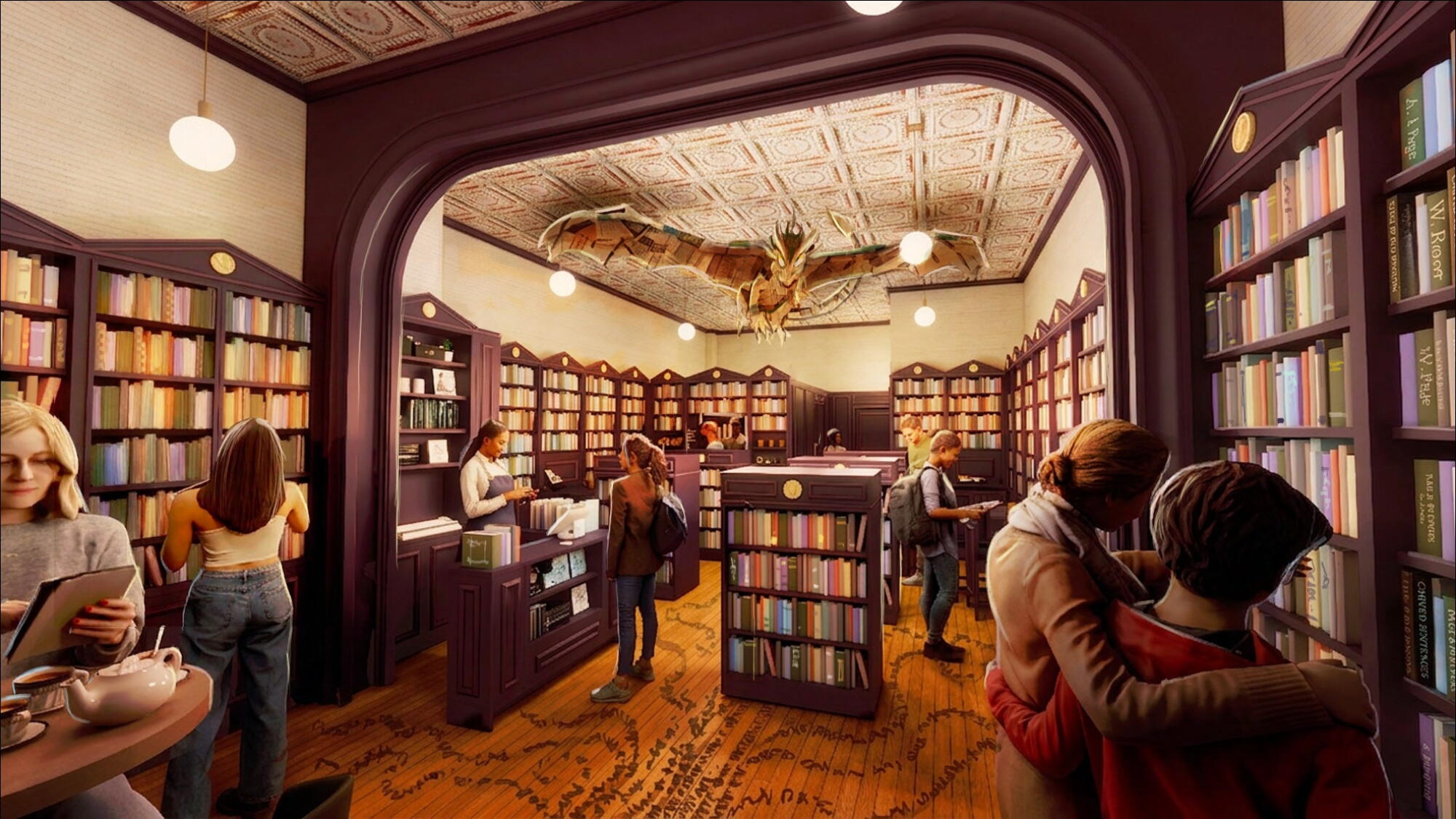 The centerpiece of Genre's bookstore, shown in an artist's rendering, will be a dragon named Lore.
