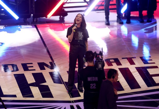 Alanis Morissette sings the national anthem before Game 2 of the WNBA Finals at the Chase Center in San Francisco, Calif., on Monday, Oct. 19, 2026. (Jane Tyska/Bay Area News Group)