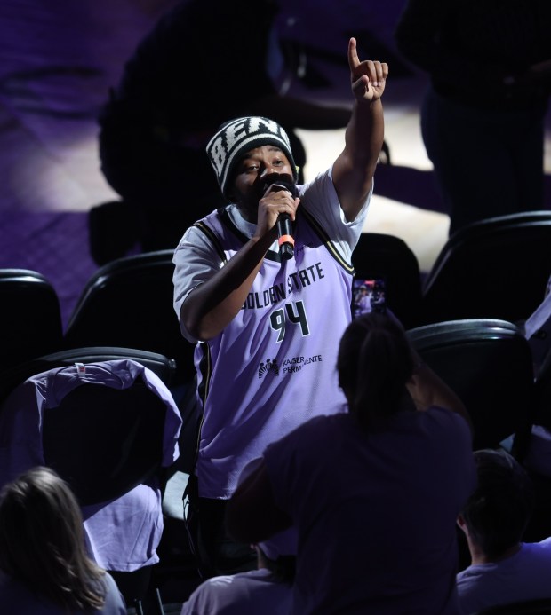 Rapper LaRussell, of Vallejo, performs during halftime of Game 2 of the WNBA Finals at the Chase Center in San Francisco, Calif., on Monday, Oct. 19, 2026. (Jane Tyska/Bay Area News Group)