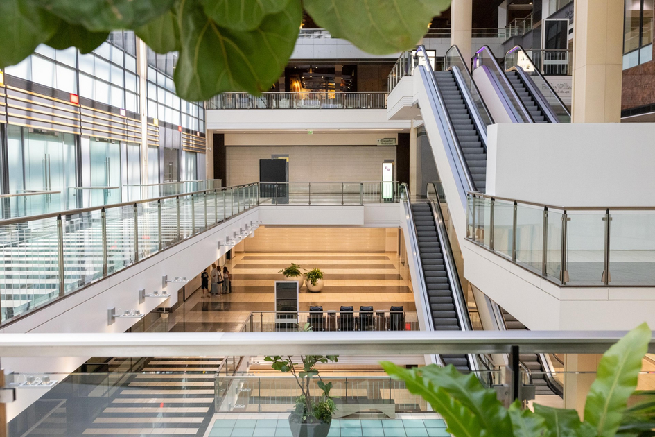 A modern, multi-level indoor space with escalators, glass railings, plants, and natural light from large windows.