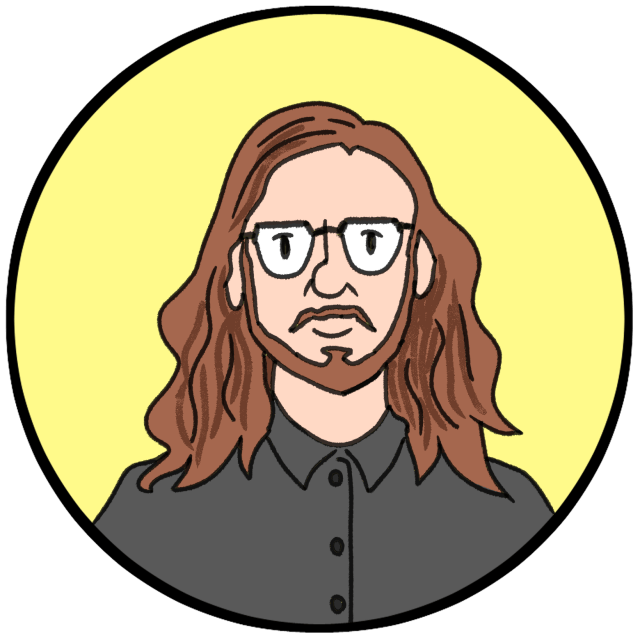 Illustration of a person with long brown hair, beard, glasses, and a black collared shirt, set against a yellow circular background.