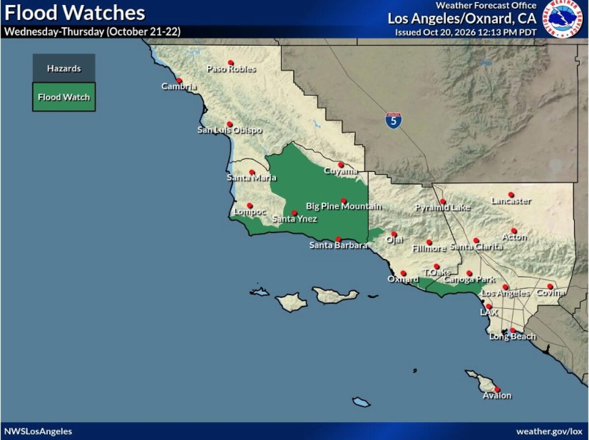 A map shows flood watches along the Southern California coastline.