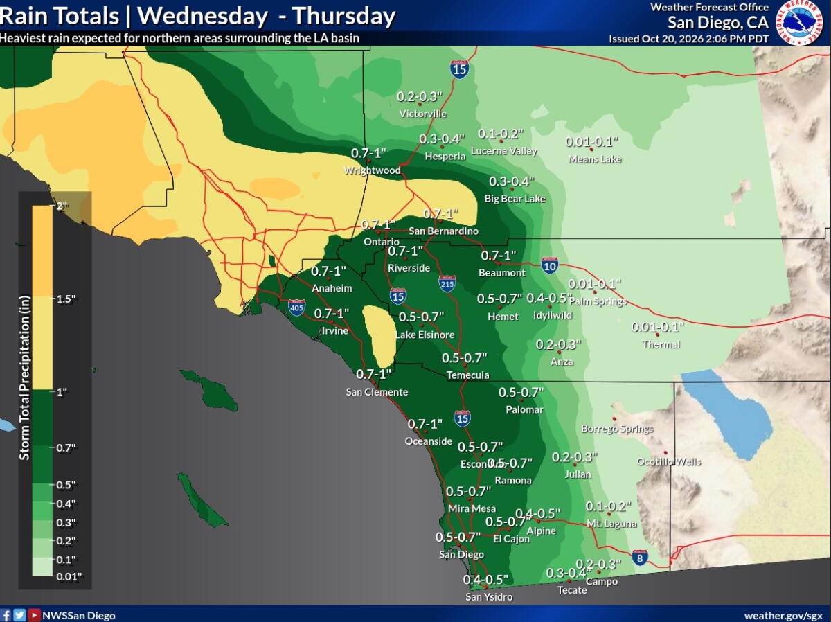 A map shows expected rain amounts in the San Diego County region.