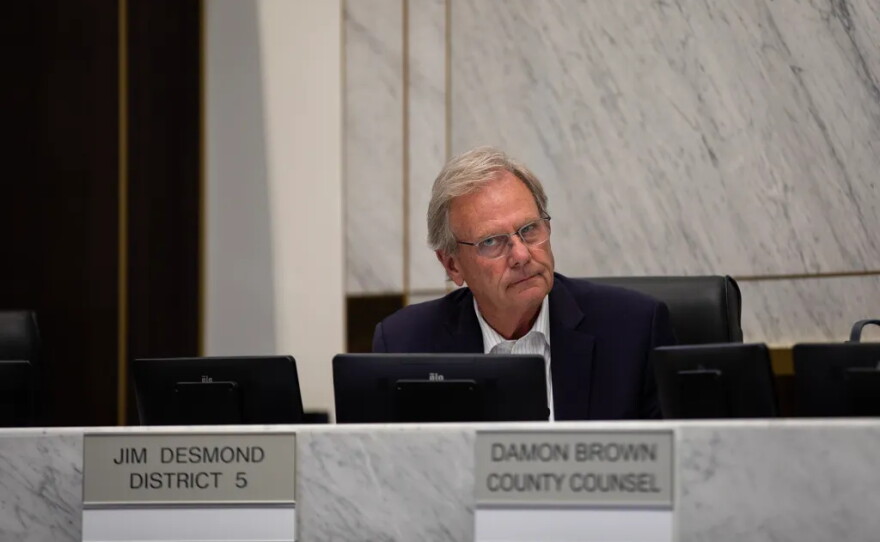 San Diego County Supervisor Jim Desmond listens to speakers during a TRUTH Act Forum at the San Diego County Administration Center on March 24, 2026.
