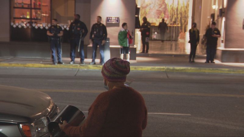 60 to 80 people protesting near the Padre Hotel Tuesday night against ICE dispersed about 15 minutes after officers declared an unlawful assembly. No arrests were made. PHOTO: KBAK/KBFX