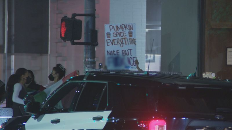 60 to 80 people protesting near the Padre Hotel Tuesday night against ICE dispersed about 15 minutes after officers declared an unlawful assembly. No arrests were made. PHOTO: KBAK/KBFX