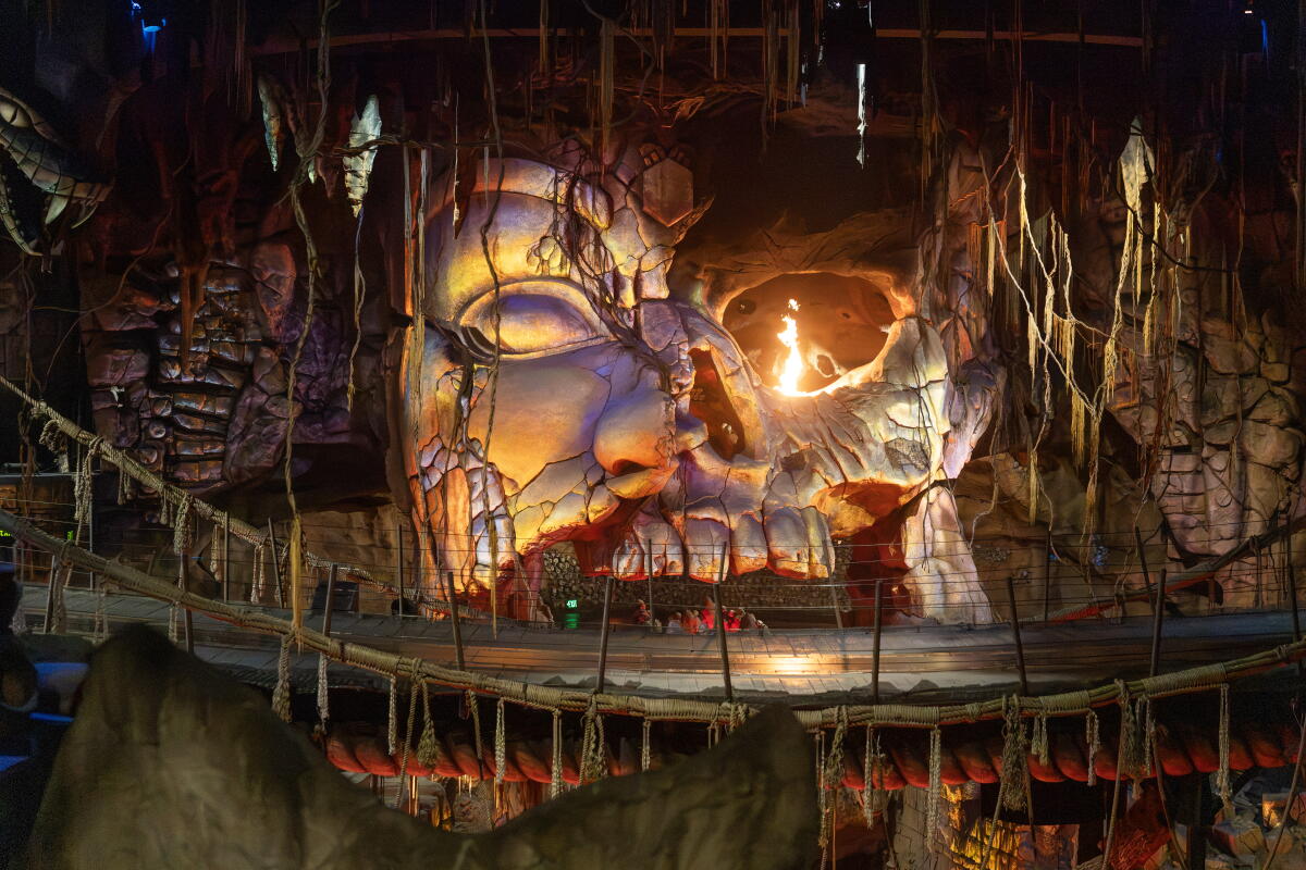 Flames amid a decaying skull on Disneyland's Indiana Jones Adventure.