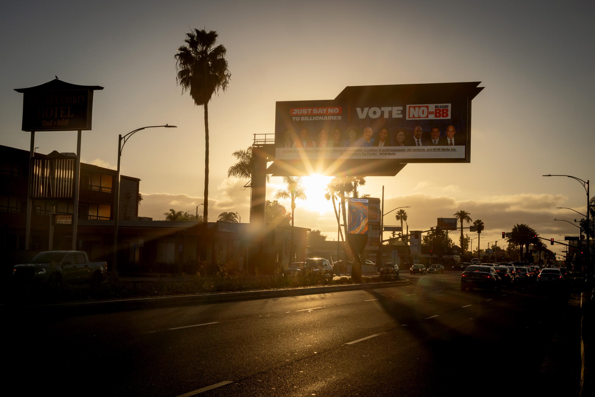 An electronic billboard on Century Boulevard in Inglewood.