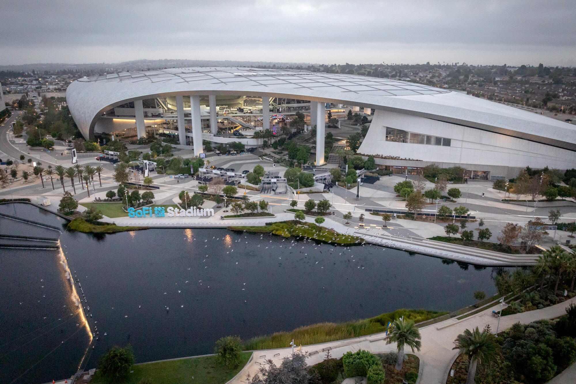 An aerial view of SoFi Stadium in Inglewood.